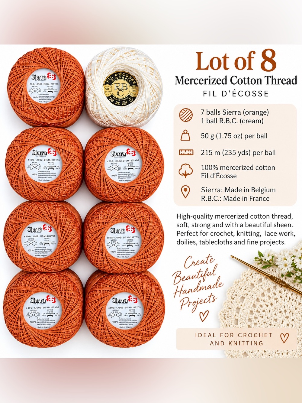 🧶 Lot of 8 Mercerized Cotton Thread – Fil d’Écosse - Orange & Cream